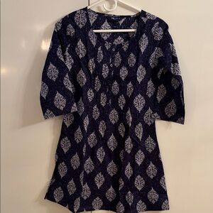 Navy Blue and White Patterned Dress